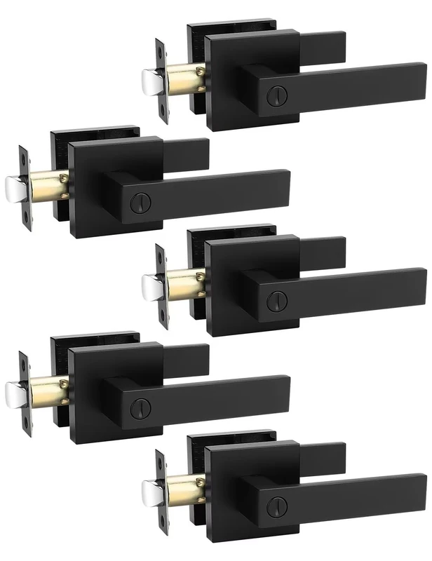 Tinewa 5 Pack Square Privacy Door Levers Locksets in Matte Black Finish, Bed/Bath Door Levers Keyless Interior Handles,Reversible for Left Right Handed Doors