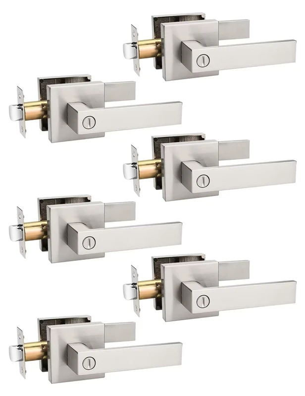 Tinewa 6 Pack Heavy Duty Satin Nickel Square Privacy Interior Door Levers Bedroom and Bathroom Door Handles Keyless Bed/Bath Lockset