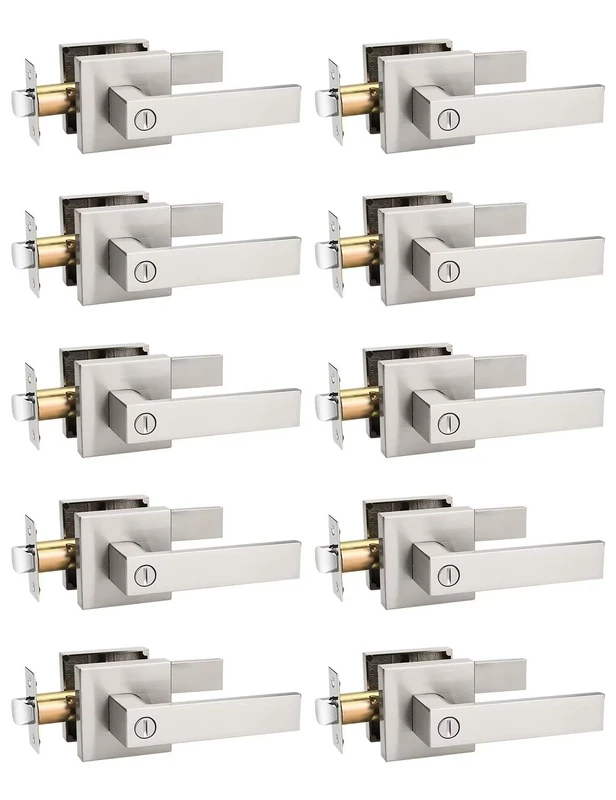 Tinewa 10 Pack Heavy Duty Satin Nickel Square Privacy Interior Door Levers Bedroom and Bathroom Door Handles Keyless Bed/Bath Lockset