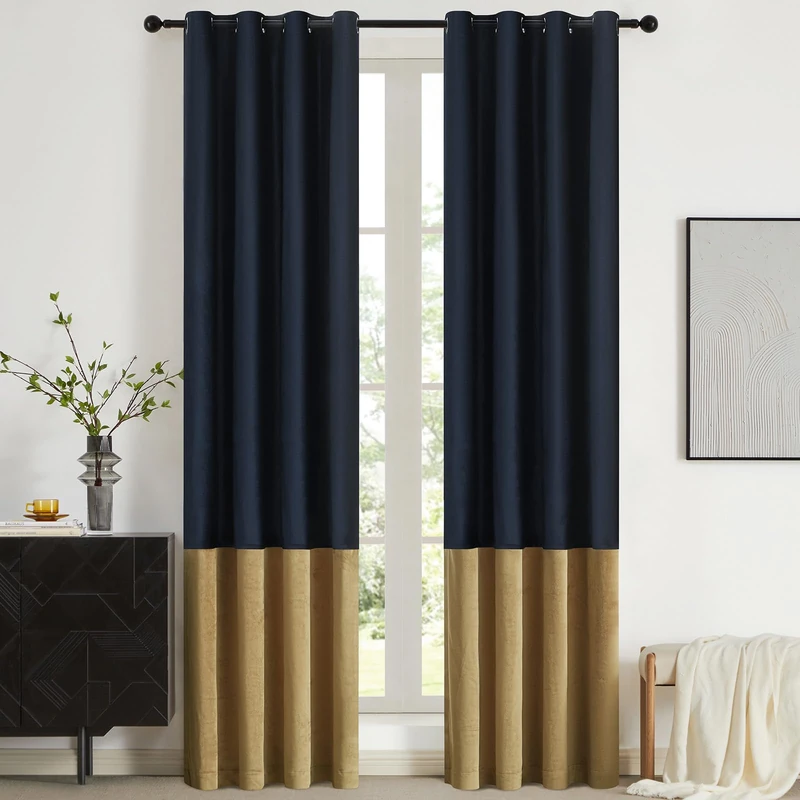 BULBUL Color Block Window Curtains Panels 96 inches Long Navy Blue Gold Velvet Farmhouse Drapes for Bedroom Living Room Darkening Treatment with Grommet Set of 2