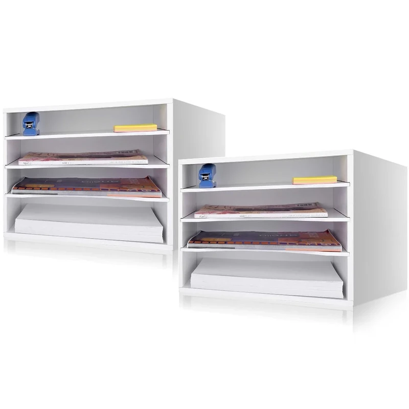 eMerit Wood Desktop Organizer Paper Storage Letter Tray File Sorter with Adjustable Shelves for Home Office,White (2 Pack)