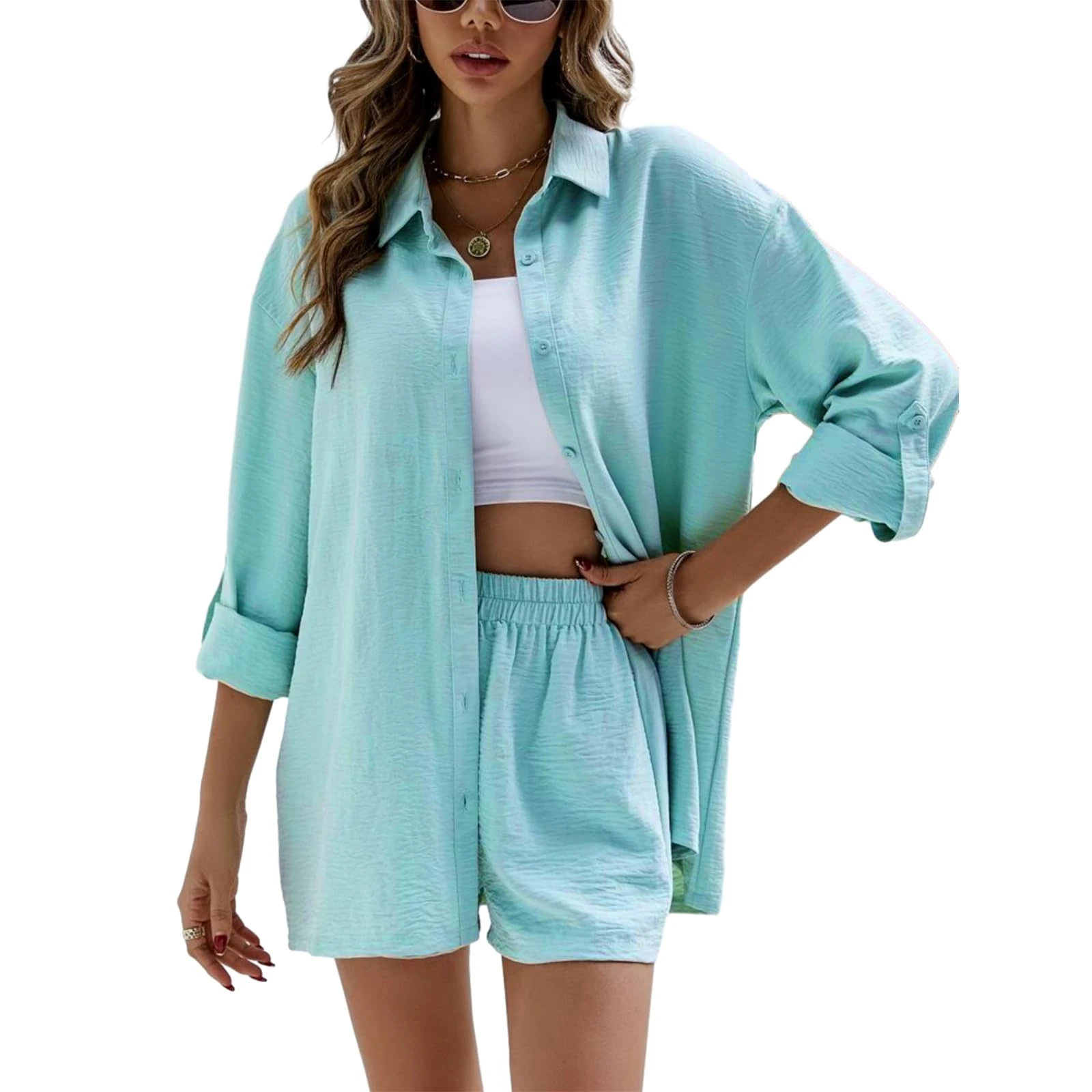 Geagodelia Women's 2 Pieces Outfit Summer Ladies Co Ord Set Button Down Shirt Top + Shorts Y2k Aesthetic Clothes Loungewear Streetwear Workout (C - Light Blue, S)