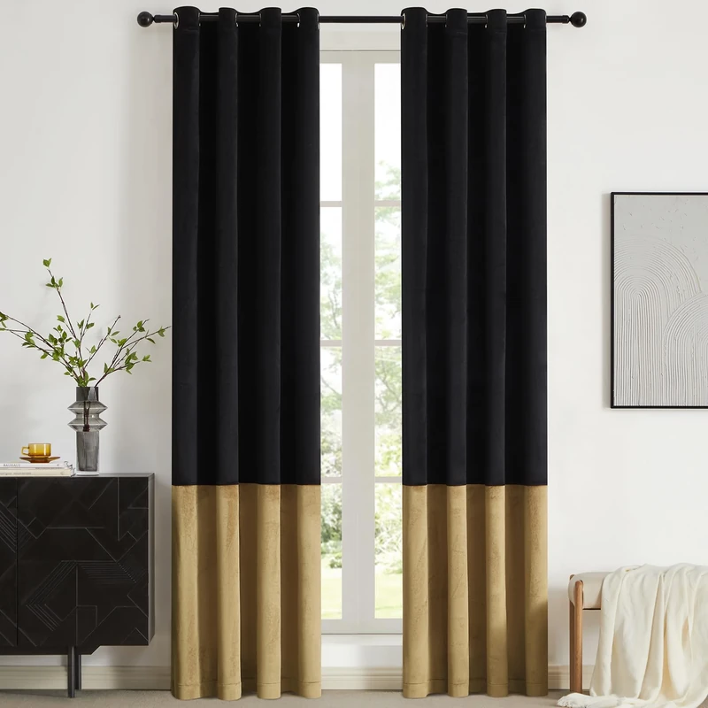 BULBUL Black Gold Color Block Window Curtains Panels 96 inches Long Velvet Farmhouse Drapes for Bedroom Living Room Darkening Treatment with Grommet Set of Black Gold