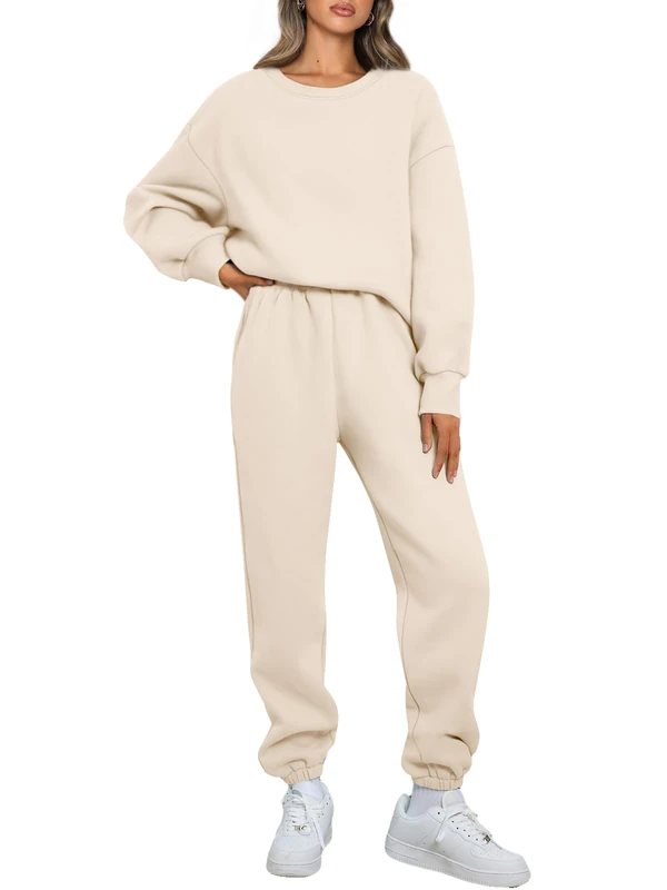 AUTOMET Womens 2 Piece Outfits Sweatsuit Oversized Sweatshirt Lounge Sets Baggy Sweatpants Fall Fashion with Pockets, Apricot, Medium
