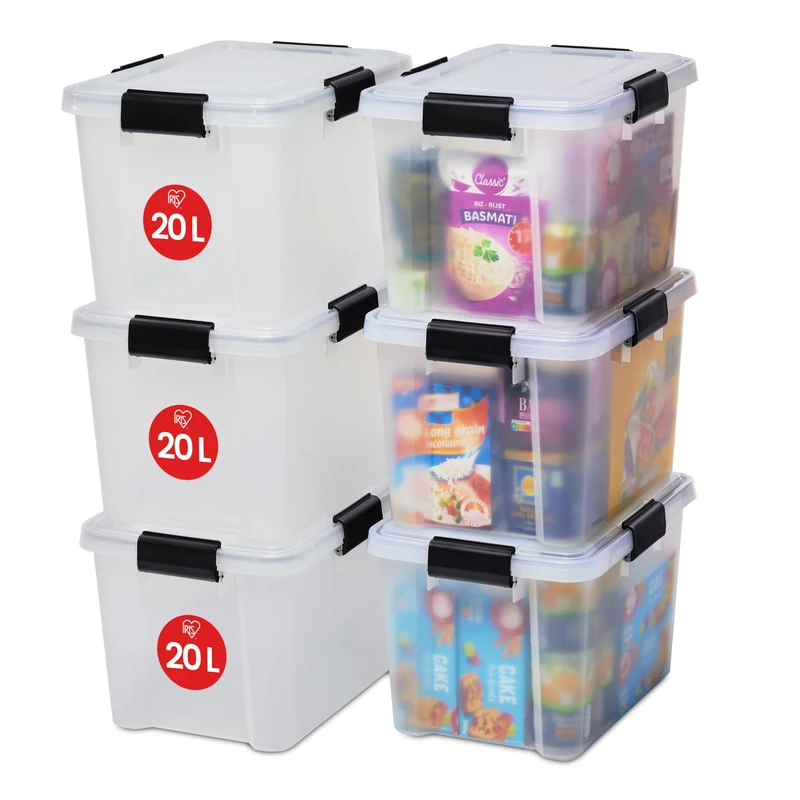 Iris Ohyama Airtight Plastic Storage Boxes with Lids, 20L, Set of 6, Clear, Hermetic Waterproof Seal, Durable Latching Buckles, Stackable, For Outdoors, Garage, Clothes, Dust Proof, BPA Free, AT-SD