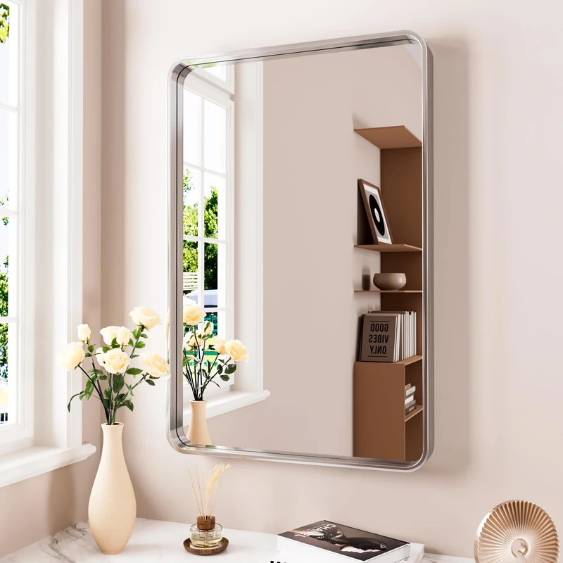JISOSO Brushed Nickel Bathroom Mirror 24x32 Inch, Brushed Silver Metal Frame Mirror Wall Mounted, Rounded Rectangle Bathroom Vanity Mirror, Tempered Glass, Anti-Rust, Horizontal/Vertical