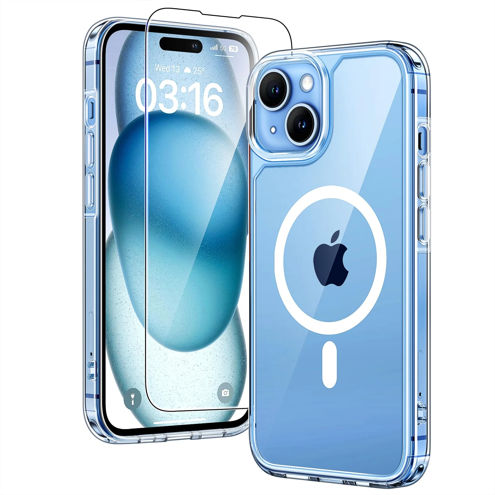 TAURI Magnetic Case for iPhone 15 Case 6.1 [Military Grade Drop Protection] with Screen Protector, Transparent Slim Fit Designed for Magsafe Phone Case-Clear