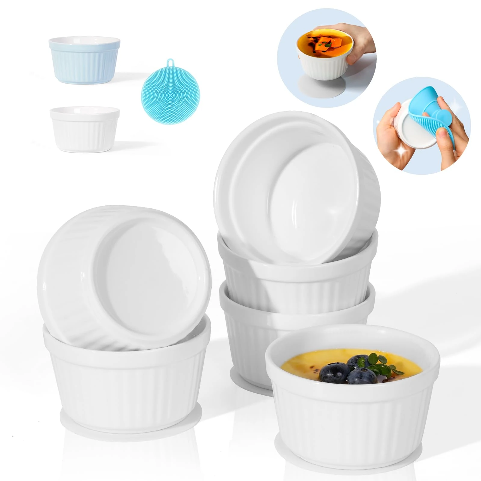 Highkit Ramekins Set of 6, 200ml - 7oz Porcelain Ramekins, Ceramic Souffle Dishes, Ramakins Oven Proof, 9cm Creme Brulee Dish for Cakes,Pudding,Ice Cream and Sauce,Air-fryer Safe,White