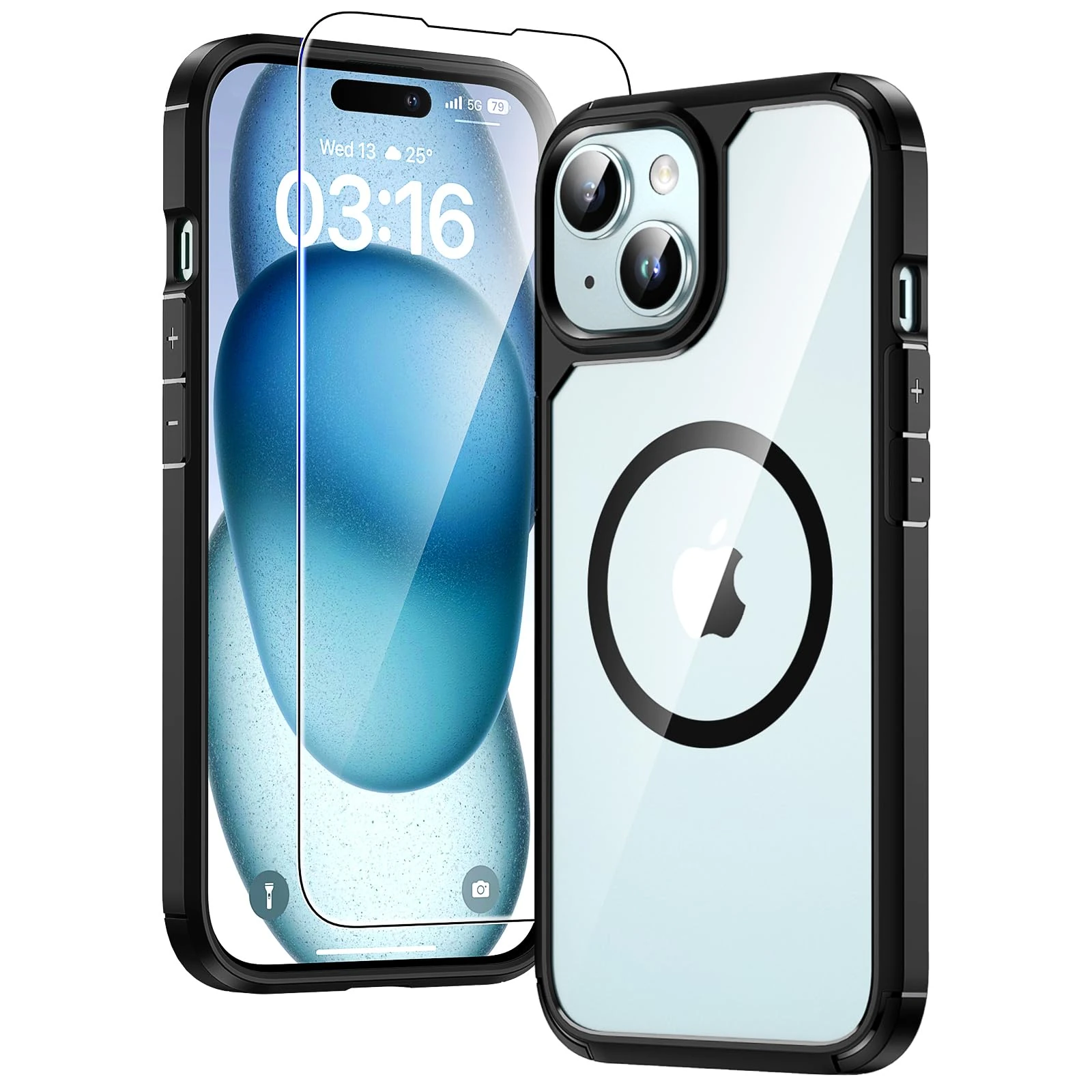 TAURI Magnetic Case for iPhone 15 Case 6.1 [Military Grade Drop Protection] with Screen Protector, Transparent Slim Fit Designed for Magsafe Phone Case- Black