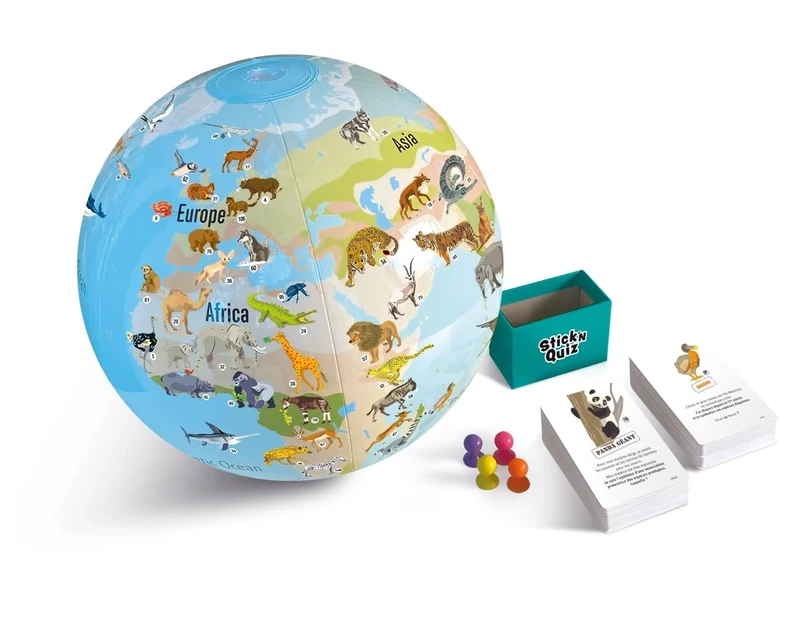 Caly - Inflatable Globe with World Animal Games Stick'N Quiz 30 cm, 032F, Ocean Blue