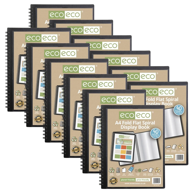 eco-eco A4 50% Recycled 40 Pocket Fold Flat Spiral Bound Display Book, Pack of 12, eco134x12