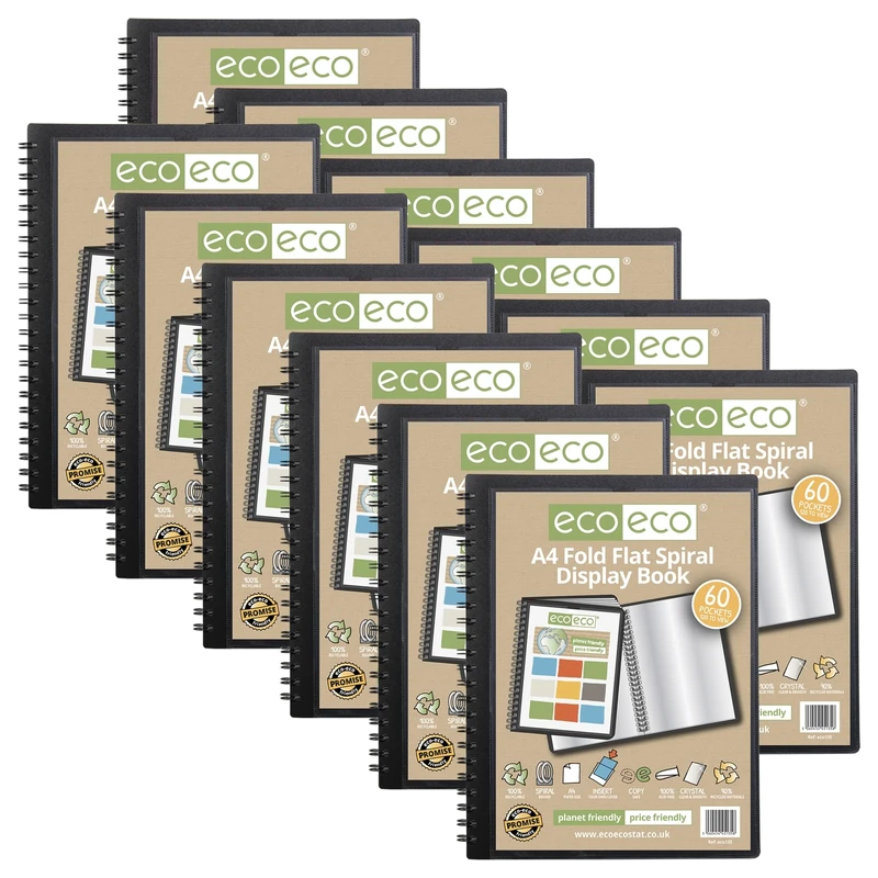 eco-eco A4 50% Recycled 60 Pocket Fold Flat Spiral Bound Display Book, Pack of 12, eco135x12