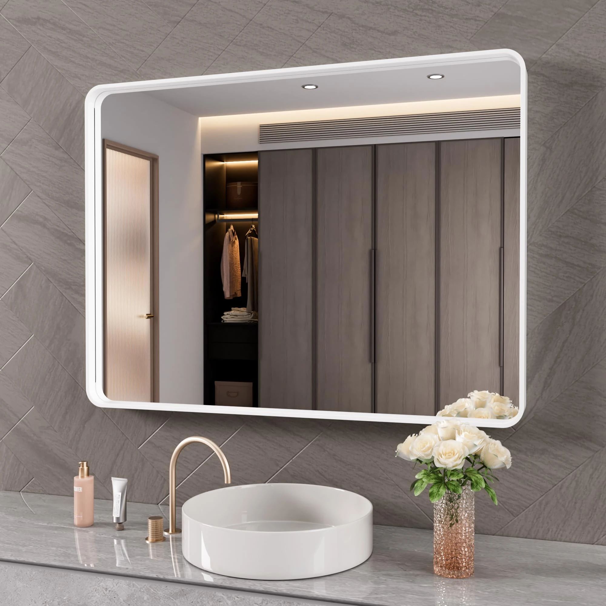 JISOSO White Bathroom Mirror 40x32 Inch, White Metal Framed Bathroom Mirror for Wall, Rounded Rectangle Matte Bathroom Vanity Mirror, Tempered Glass, Anti-Rust, Horizontal/Vertical