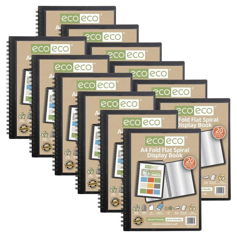 eco-eco A4 50% Recycled 20 Pocket Fold Flat Spiral Bound Display Book, Pack of 12, eco133x12