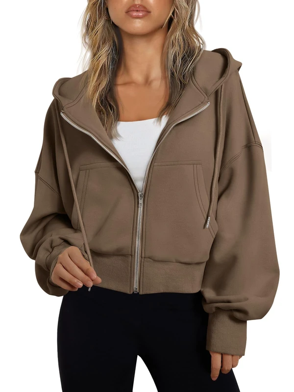 Trendy Queen Hoodies for Women Full Zip Up Cropped Sweatshirts Jackets Casual Comfy Gym Tops Fall Outfits Winter Clothes 2025, Lightcoffee, Medium