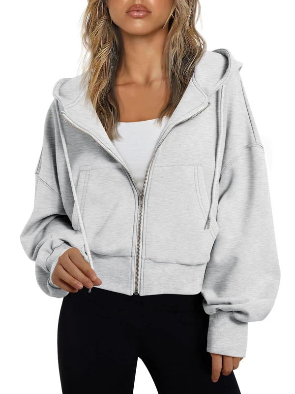 Trendy Queen Hoodies for Women Full Zip Up Cropped Sweatshirts Jackets Casual Comfy Gym Tops Fall Outfits Winter Clothes 2025, Grey, XL