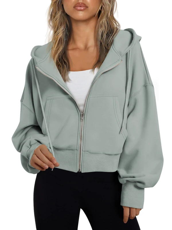 Trendy Queen Hoodies for Women Full Zip Up Cropped Sweatshirts Jackets Casual Comfy Gym Tops Fall Outfits Winter Clothes 2025, Lightgreen, S - Image 1