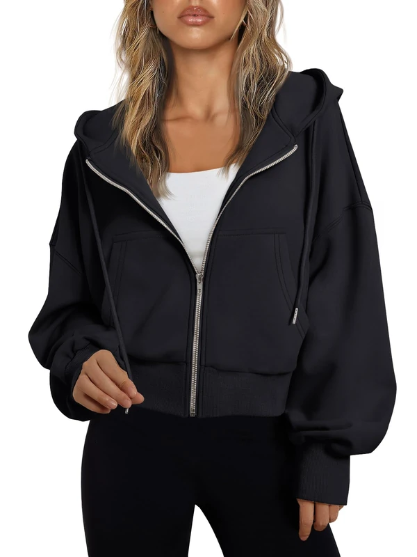 Trendy Queen Hoodies for Women Full Zip Up Cropped Sweatshirts Jackets Casual Comfy Gym Tops Fall Outfits Winter Clothes 2025, Black, Large