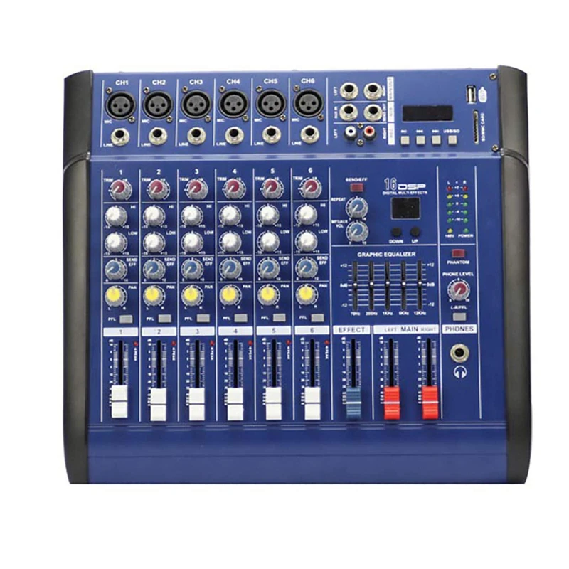AGAATI Studio Mixing Desks, 6-channel mixer with amplifier USB/SD/playback effect mixer, suitable for DJ conference stage performance Compact Mixer