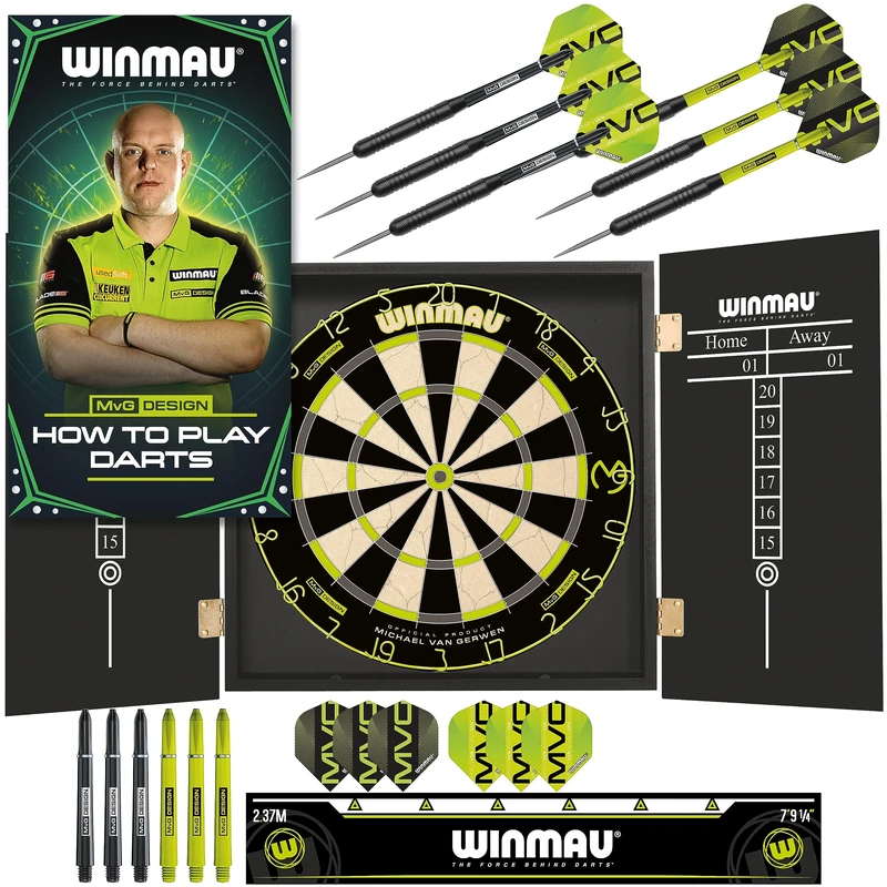 WINMAU - Michael van Gerwen MvG Dart board Cabinet Set | Darts & Dartboard | 2x Dart Sets & Accessories | Professional Oche Strip | How to Play Darts Booklet
