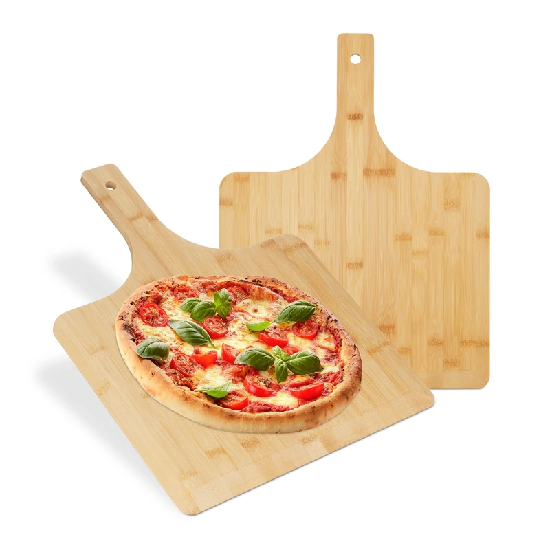Relaxdays Pizza Tray, Set of 2, Size 50x38 cm, Square, Shovel, Spatula, Bamboo Wood, Bread, Baker, Tool, Paddle, Natural