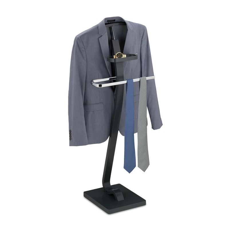 Relaxdays Valet Stand, with Tray, Clothes Butler, Jacket & Trouser Hanger, 112 x 56 x 32 cm, Steel & MDF, Grey/Silver