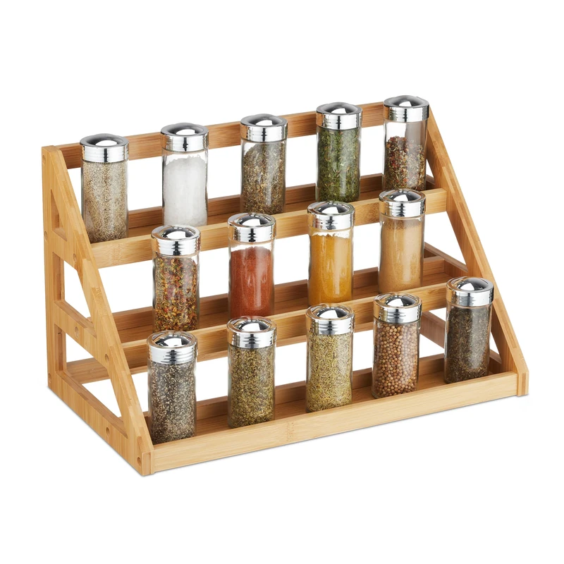 Relaxdays Spice Rack, 3 Levels, Seasoning and Oil Storage, Free-Standing Organiser, HWD: 23.5 x 39.5 x 21.5 cm, Natural, Bamboo