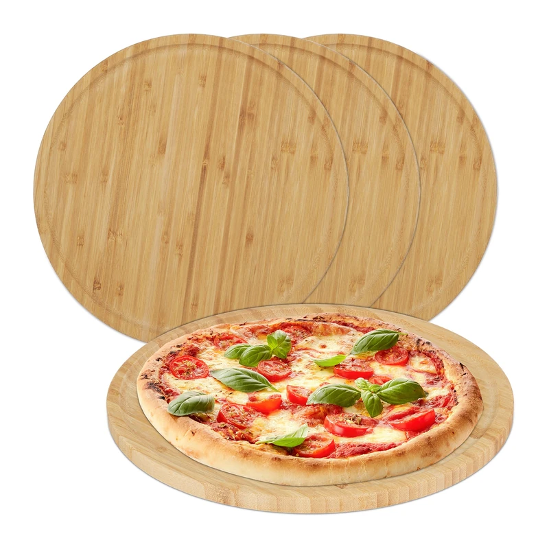 Relaxdays Set of 4 Pizza Boards, Natural Bamboo, Ø 32 cm, Serving Plate, Round Platter, Cheese & Charcuterie, Natural
