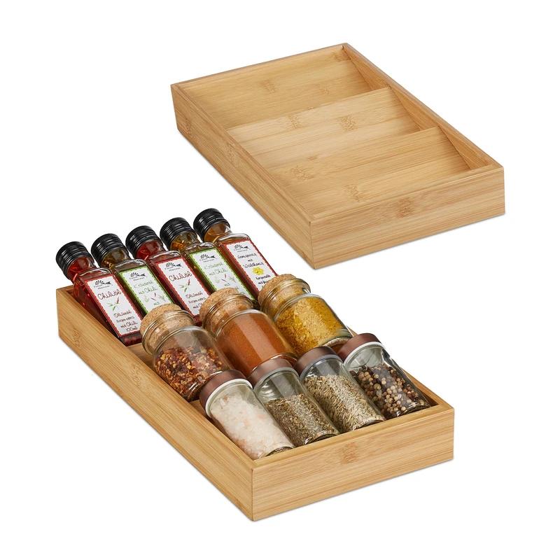 Relaxdays 2X Spice Racks, 3, Slanted Compartments, Horizontal, Bamboo, Drawer Insert, 5x20x38 cm, Natural, 5 x 20 x 38 cm