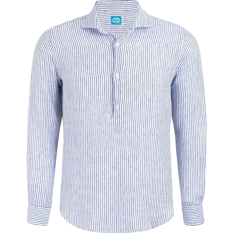 Panareha Men's Striped Linen Popover Shirt Sardegna Blue (XL)