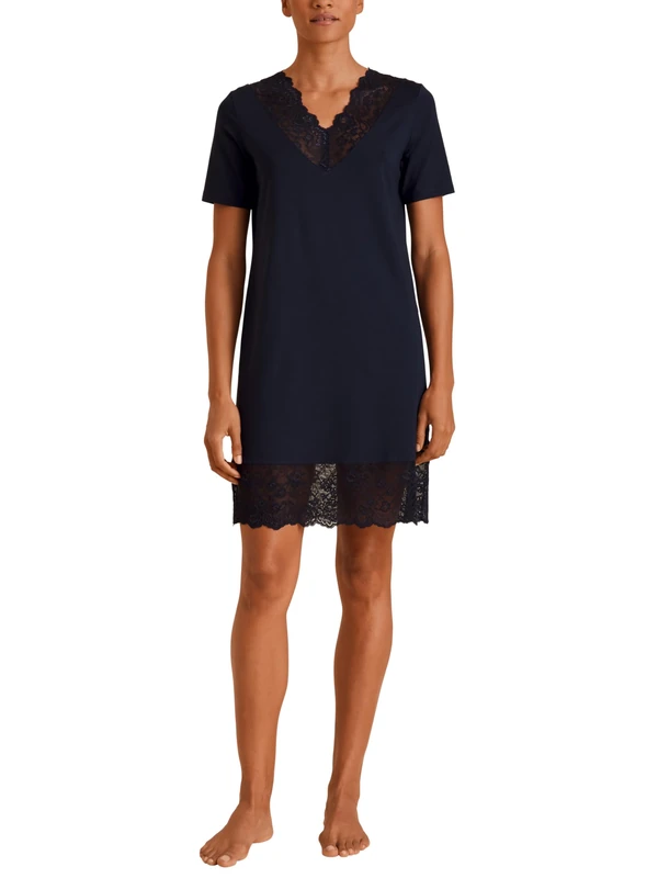 CALIDA Elegant Dreams Women's Lace V-Neck Soft Flowy Nightdress, Dark Lapis Blue, 44-46