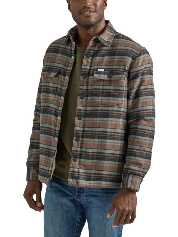 Lee Men's Workwear Loose Fit Long Sleeve Button-Down Overshirt, Sherpa Lined Truffle Plaid, 42/44
