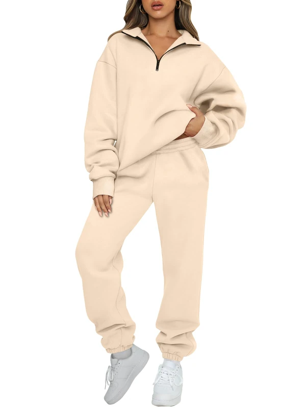 AUTOMET Women's Sweatsuits 2 Piece Outfits Long Sleeve Half Zip Pullover and Baggy Sweatpants with Pockets, Apricot, Medium