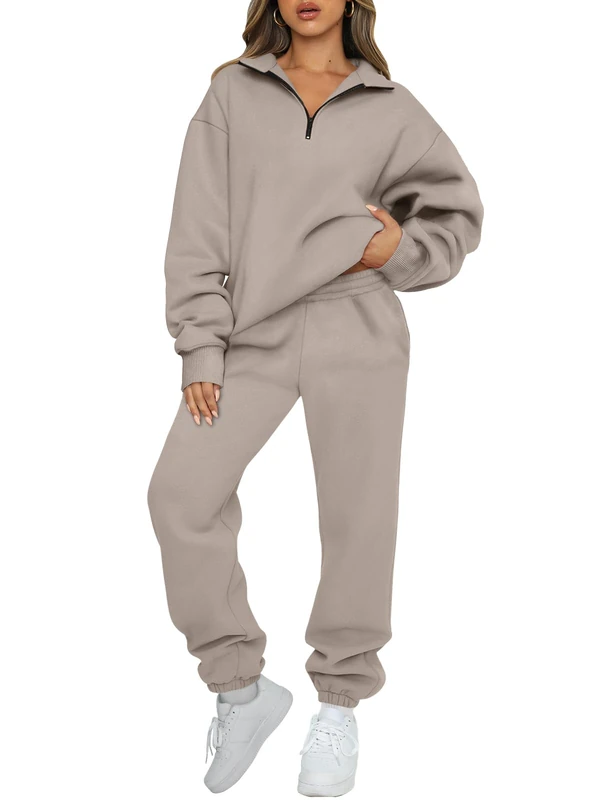 AUTOMET Women's Two Piece Outfits Long Sleeve Half Zip Sweatsuit with Sweatpants, Coffeegrey, S