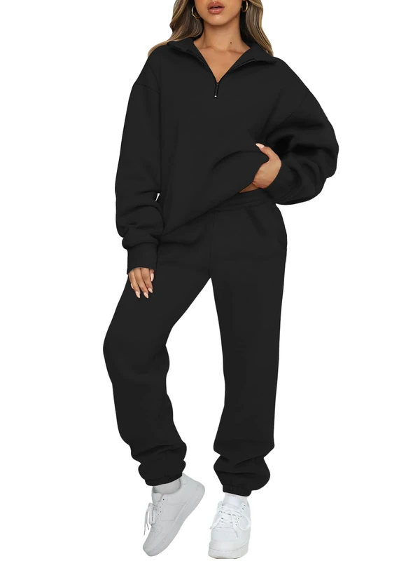 AUTOMET Women's Sweatsuits 2 Piece Outfits Long Sleeve Half Zip Pullover and Baggy Sweatpants with Pockets, Black, Large