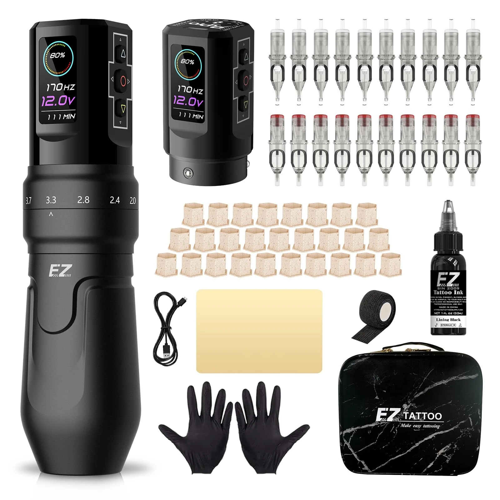 EZ Tattoo Kit - Tattoo Machine Kit Complete with 6 Strokes 2mm-4.2mm Wireless Tattoo Machine Pen with 1600mAh Battery Power Supply for Tattoo Beginners and Tattoo Artists (P3 Pro Matte Black)