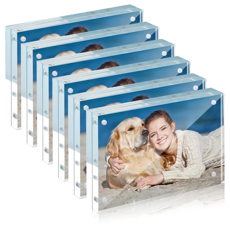 TWING 6 Pack Picture Frames Acrylic 4 x 6, Horizontal Magnet Frame Lucite Double Sided 4x6 Picture Frame, 10+10MM Thick Clear Frameless Desktop Display Self Standing Magnetic Acrylic Block Photo Frame
