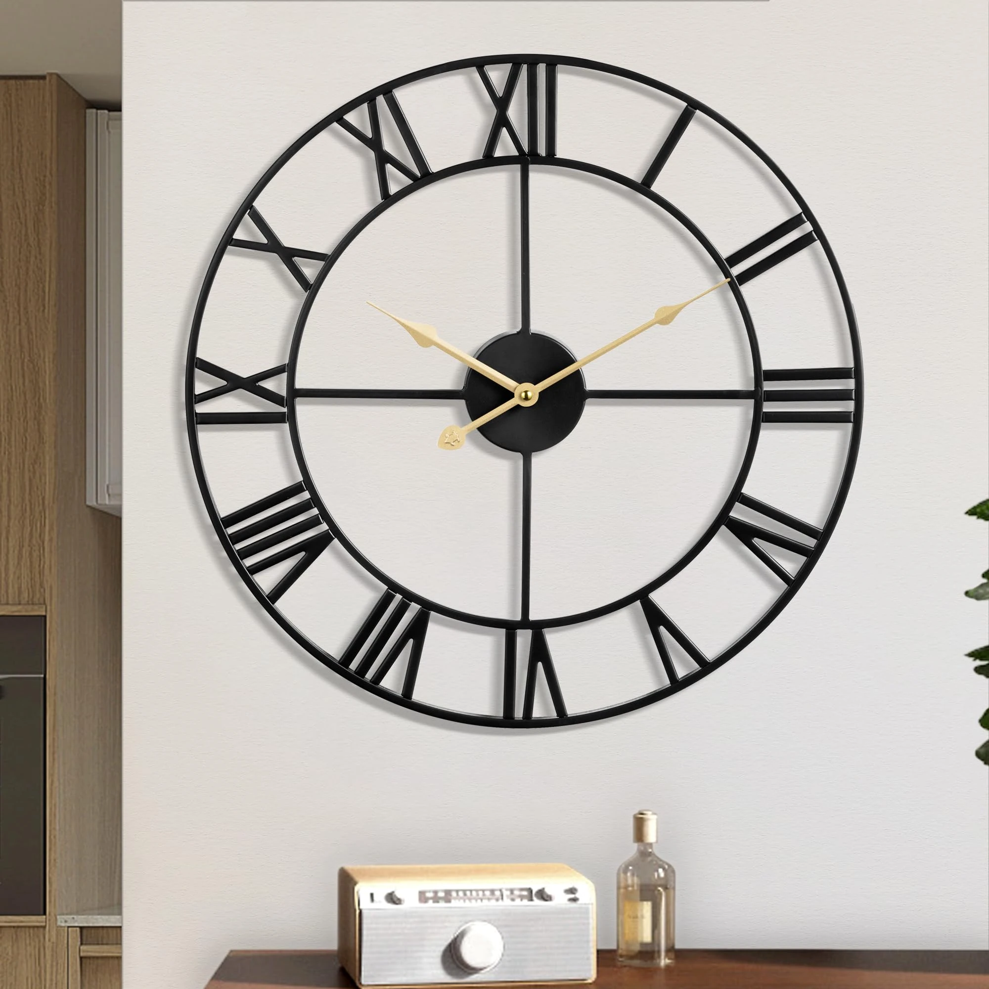 1st owned Large Wall Clock Metal Retro Roman Numeral Clock, Modern Round Wall Clocks Almost Silent, Easy to Read for Living Room/Home/Kitchen/Bedroom/Office/School Decor (Black, 40 Inch)