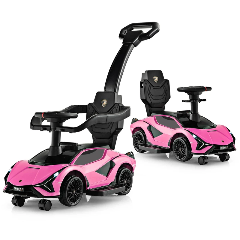 GYMAX 3 in 1 Kids Ride on Push Car, Licensed Lamborghini Push Along Car with Handle, Guardrails, USB Port, Music & Lights, Underneath Storage, Toddler Sliding Toy for 18-60 Months Boys Girls (Pink)