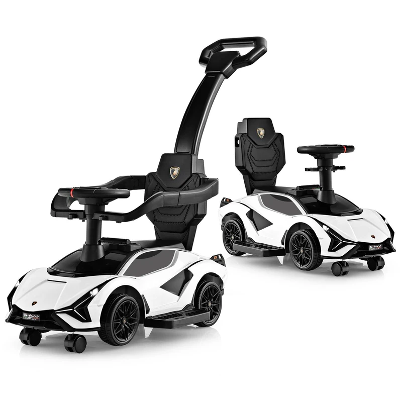 GYMAX 3 in 1 Kids Ride on Push Car, Licensed Lamborghini Push Along Car with Handle, Guardrails, USB Port, Music & Lights, Underneath Storage, Toddler Sliding Toy for 18-60 Months Boys Girls (White)