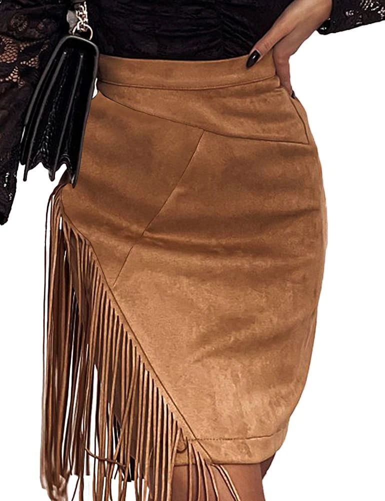 IDEALSANXUN Fringe Suede Skirt for Women High Waisted Fall Winter Tassel Short Mini Skirt 2023, Brown, XXL
