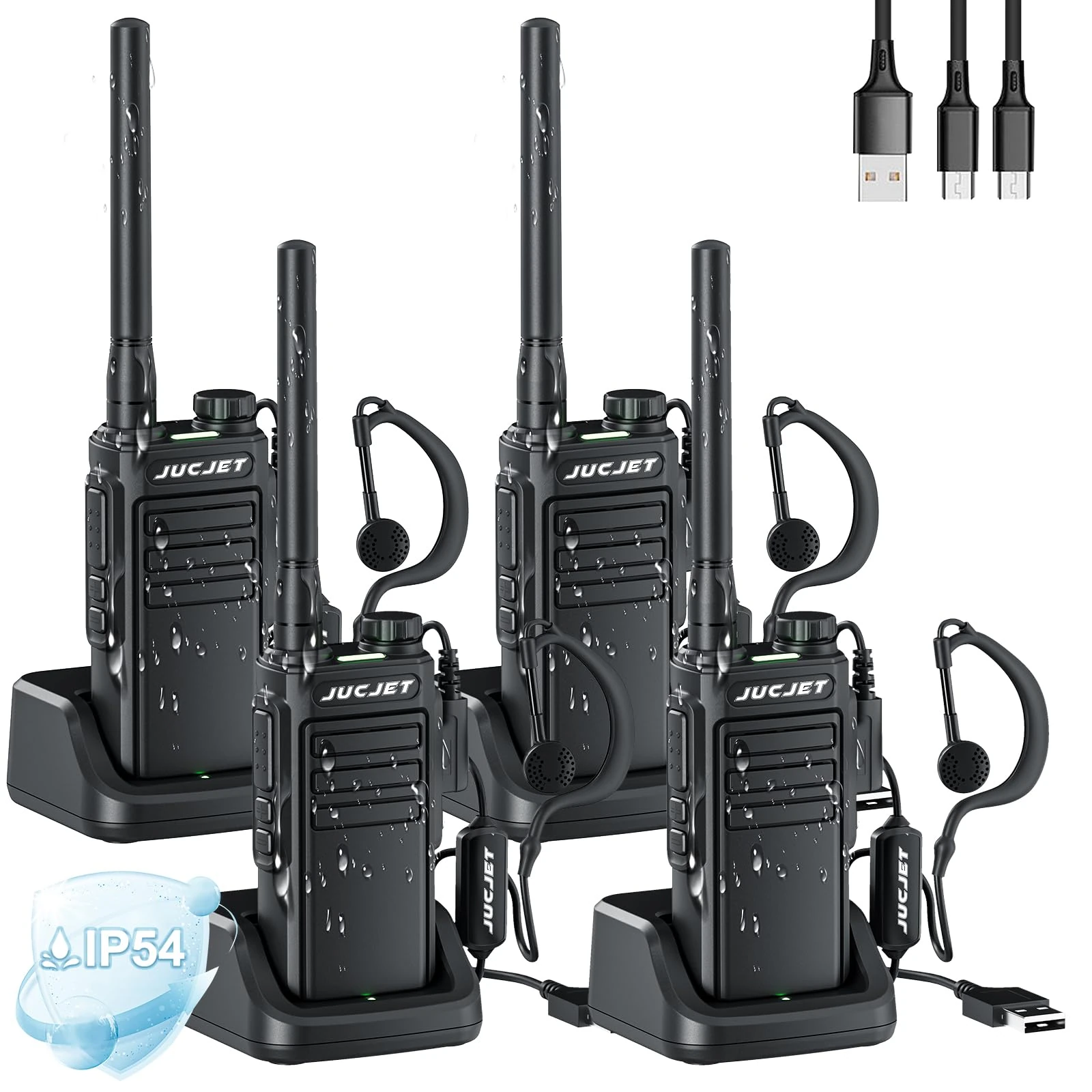 JUCJET EP31 (4 pieces) Walkie Talkies IP54 waterproof, 16 Channel Handheld Walkie Talkies PMR446 ith 2-in-1 Type-C Charging Cable&USB Charging Station