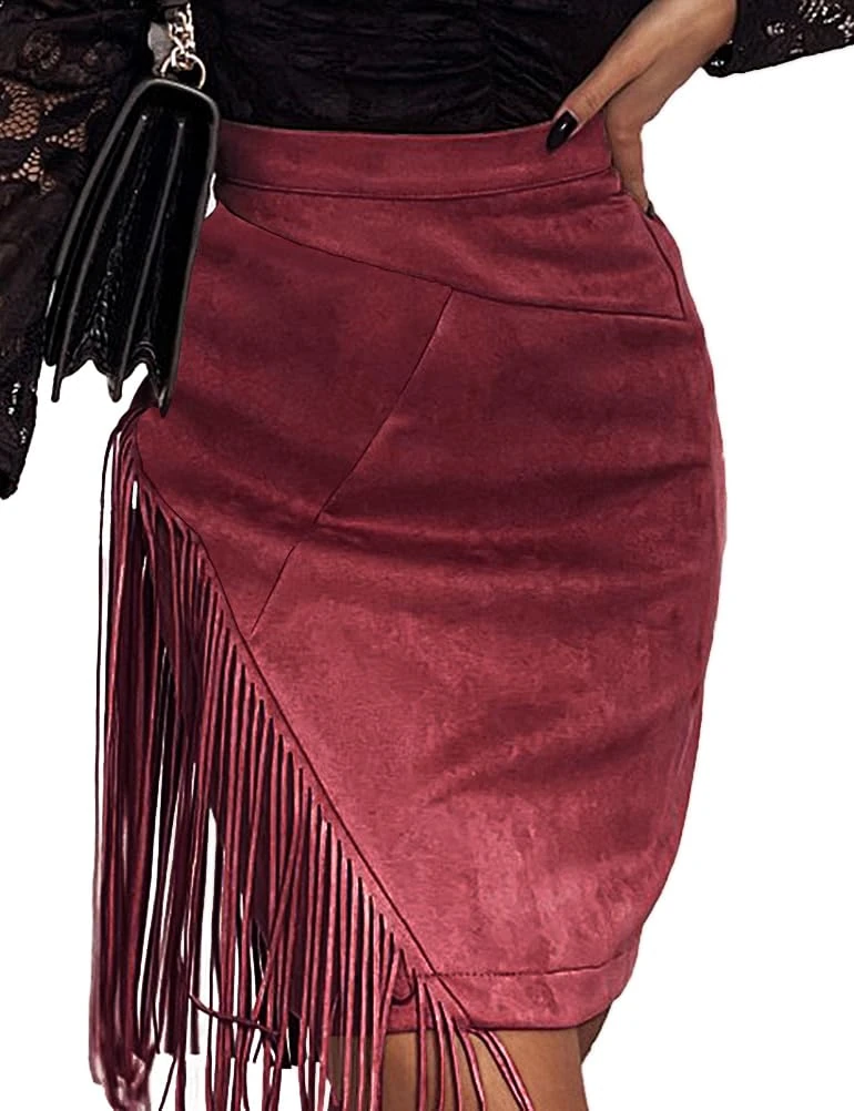 IDEALSANXUN Fringe Suede Skirt for Women High Waisted Fall Winter Tassel Short Mini Skirt 2023, Wine, XXL