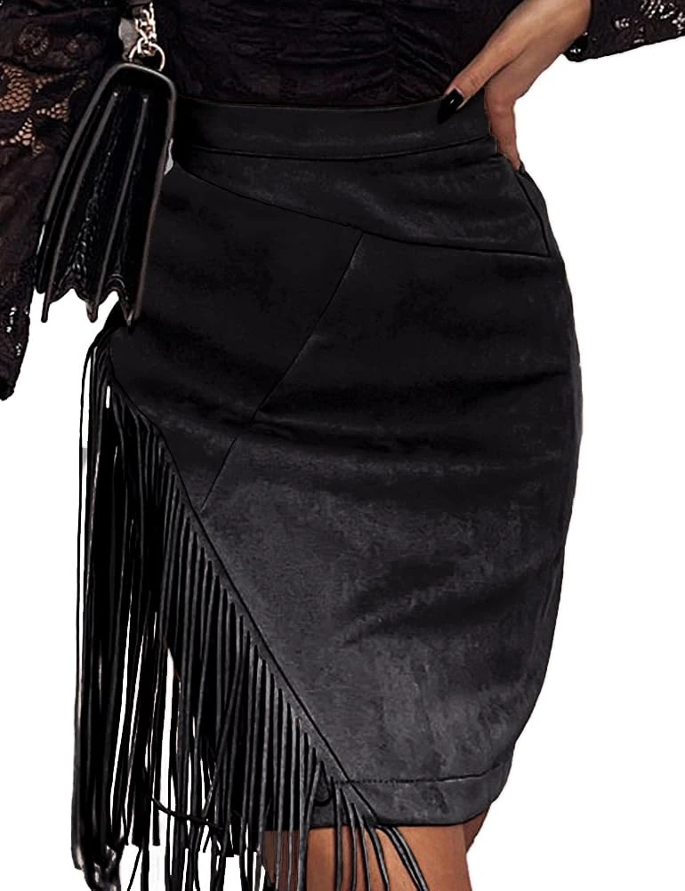 IDEALSANXUN Fringe Suede Skirt for Women High Waisted Fall Winter Tassel Short Mini Skirt 2023, Black, XXL