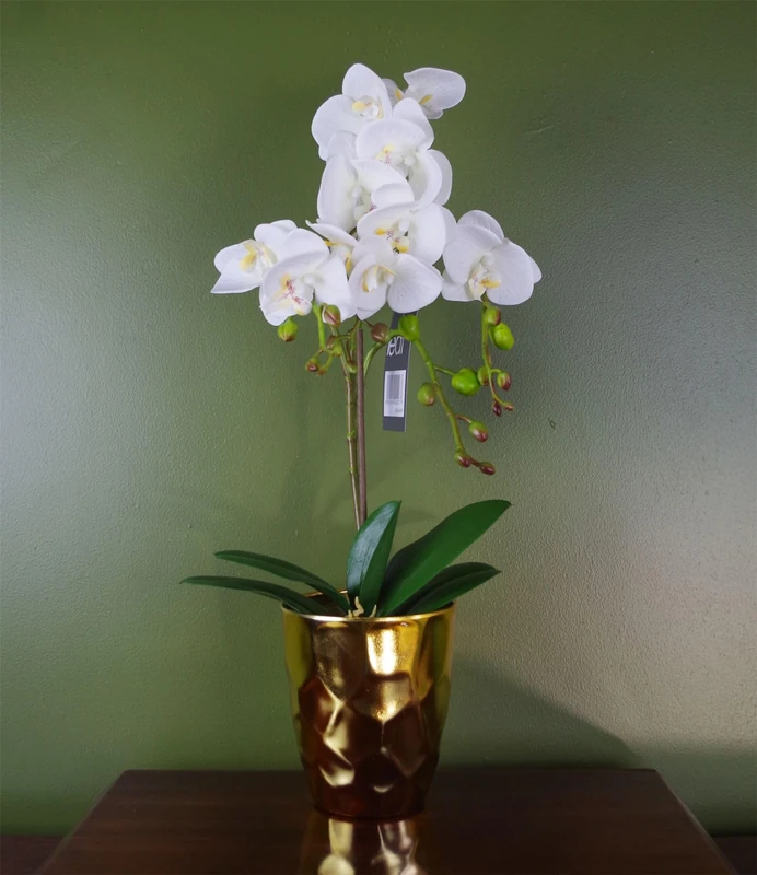 Leaf 54cm Artificial Orchid Plant - White with Gold Pot