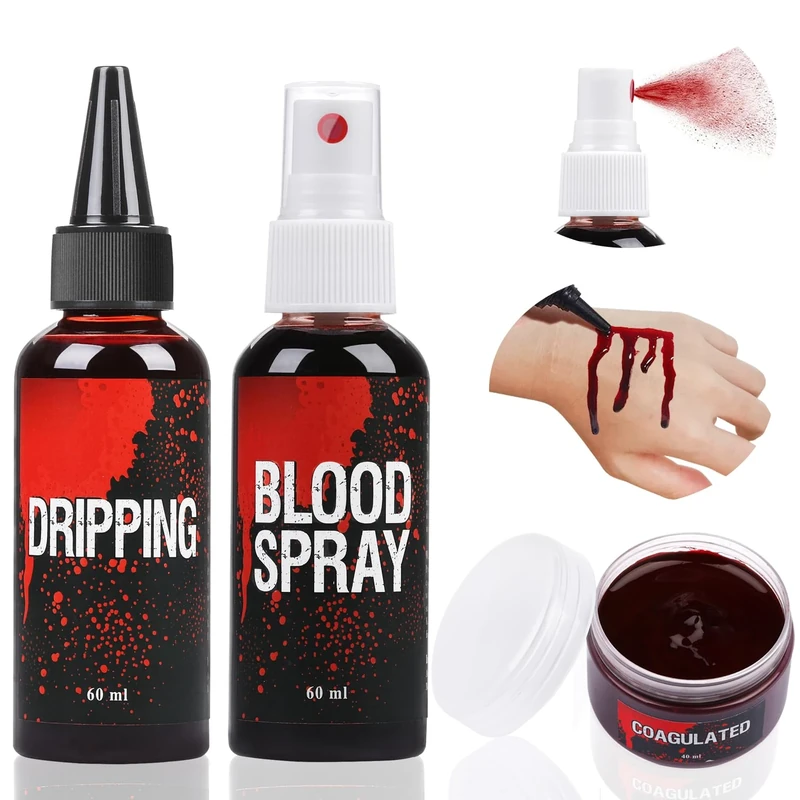 Fake Blood Set, 60ml Fake Blood Spray and 60ml Dripping Blood and 40ml Coagulated Gel Blood, Halloween Washable Fake Blood Makeup for Clothes, Zombie, Vampire Cosplay & Dress Up (Sets)