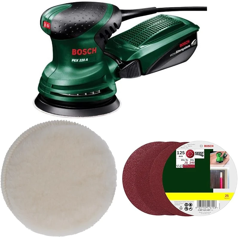 Bosch Home and Garden Random Orbit Sander PEX 220 A & Bosch Professional 2609256049 Lambswool Hood & 25 Random Orbit Sanding Sheets of 125 mm, 80-240 Grit