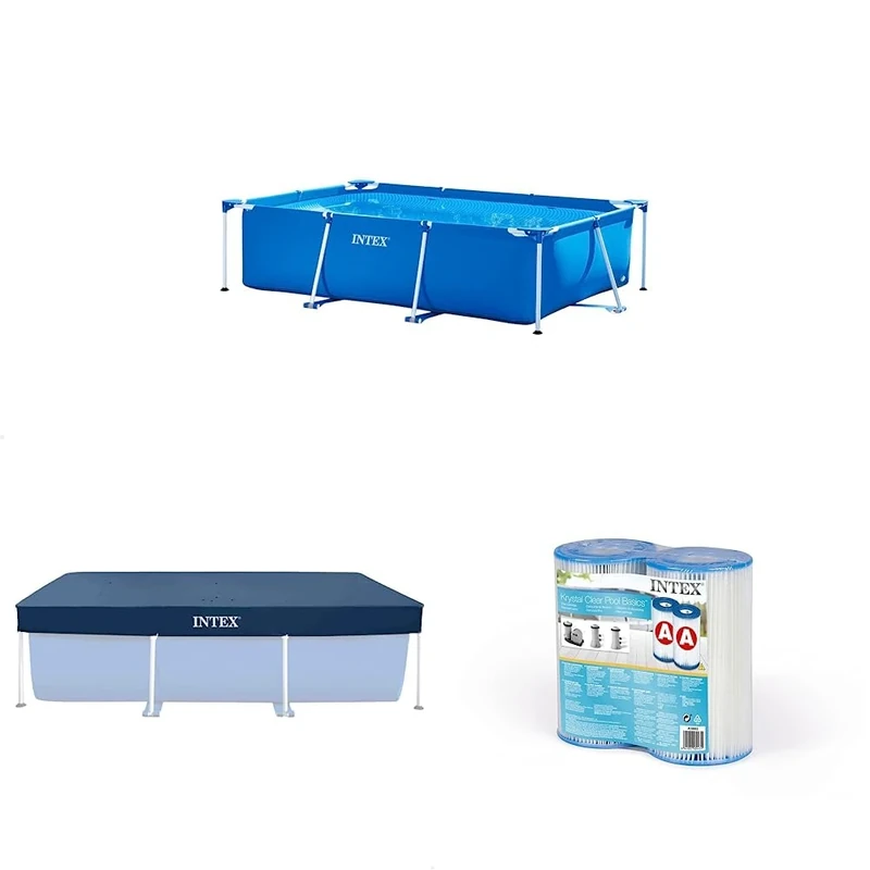 Intex Metal Frame Rectangular Swimming Pool Set with Weather Cover and Filter Cartridge - 3x2m Frame, Blue