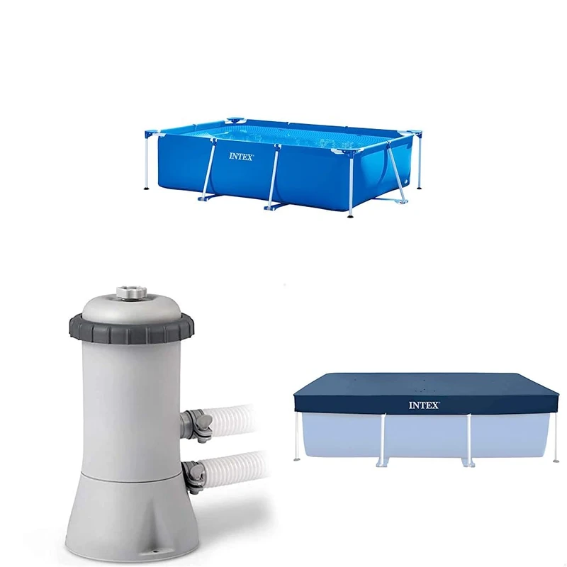 Intex 28272 Metal Frame Rectangular Outdoor Swimming Pool & Intex 28638BS 1000 GPH 220-240 V Cartridge Filter Pump & Intex Debris/Weather Cover for 3metre x 2metre Frame Pools, Blue