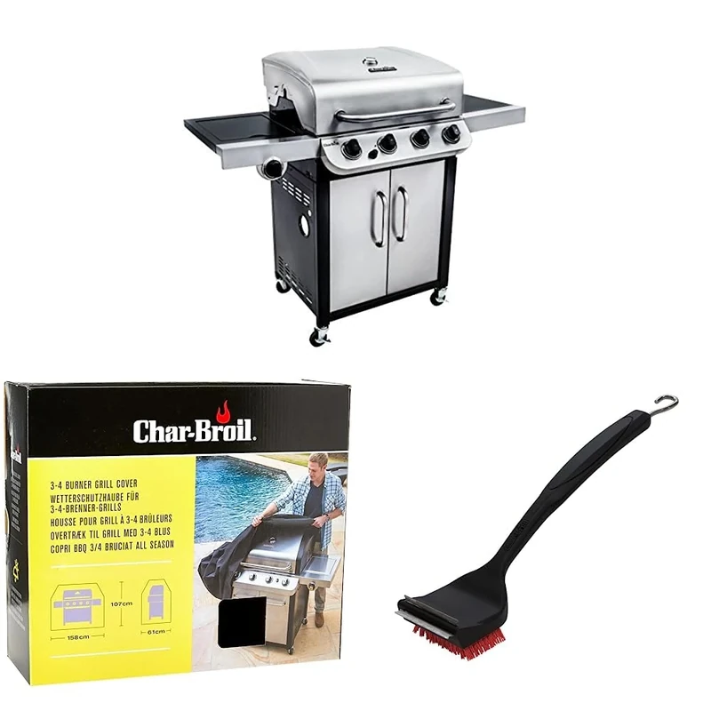 Char-Broil Convective Series 440S 4 Burner Gas Barbecue Grill, Universal 3-4 Burner Cover, and 2-in-1 Cool-Clean Grill, Black